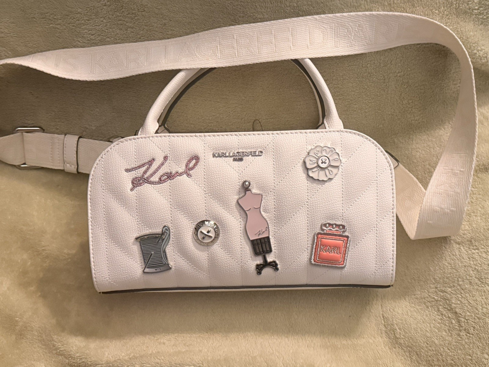 KARL LAGERFELD PARIS White Quilted Small Crossbody Top Handle Silver Hardware