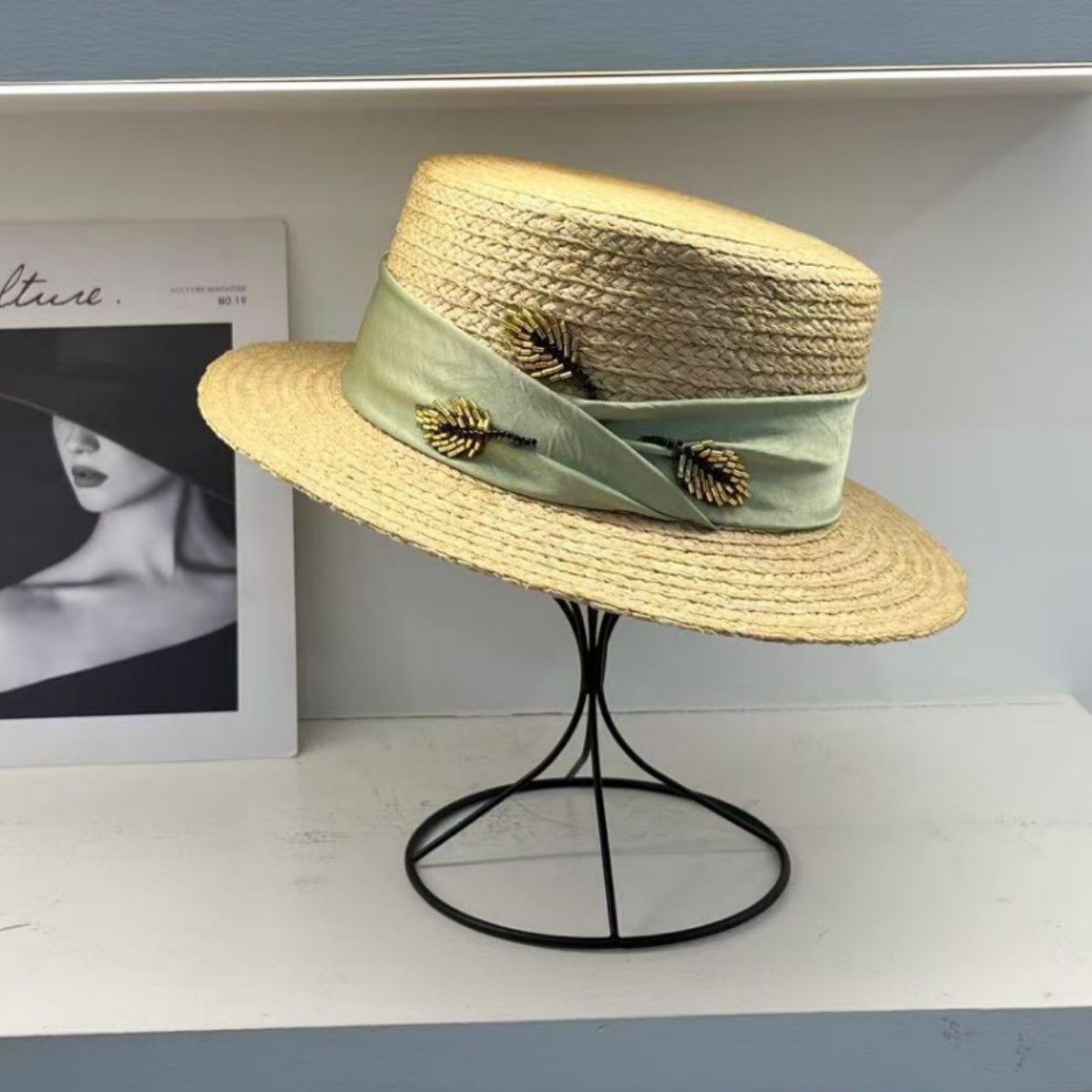 Imported raffia material hat women’s small brimmed flat top hat summer travel