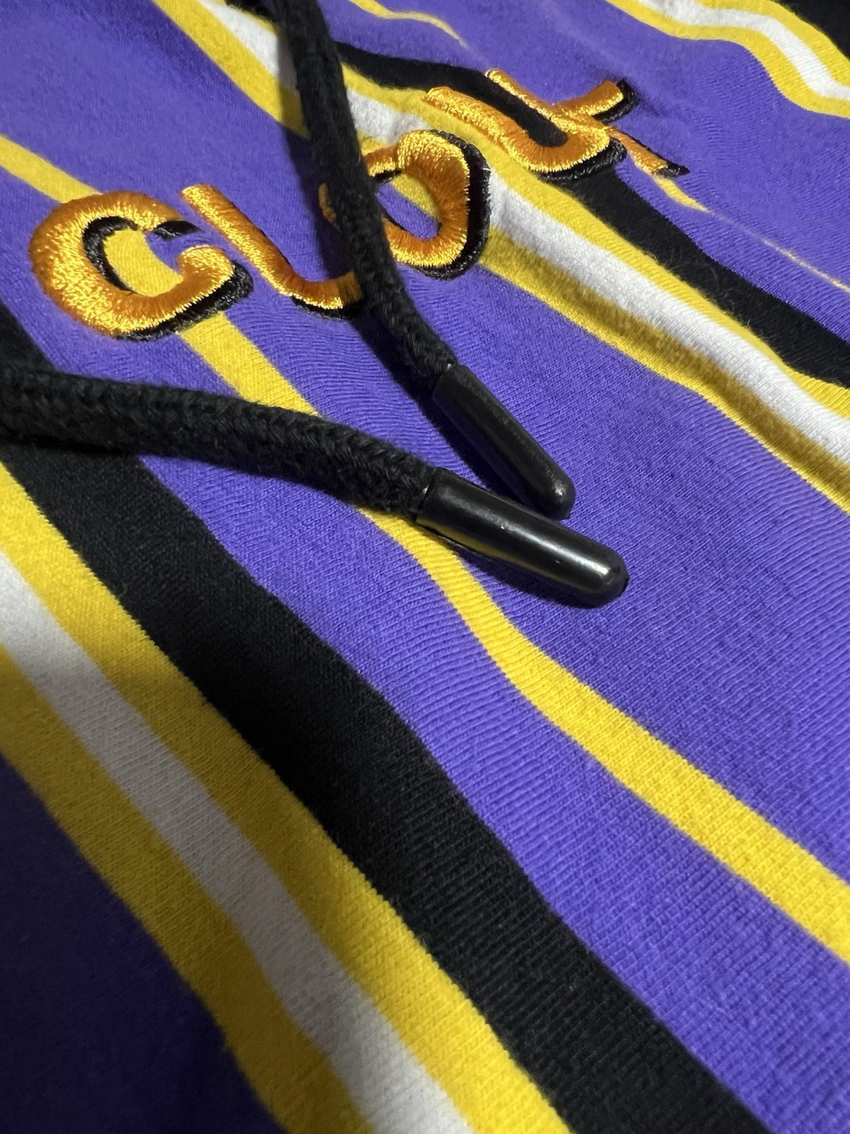 Clout Hooded Tshirt Medium Short Sleeve Purple Yellow Striped Vox Populi