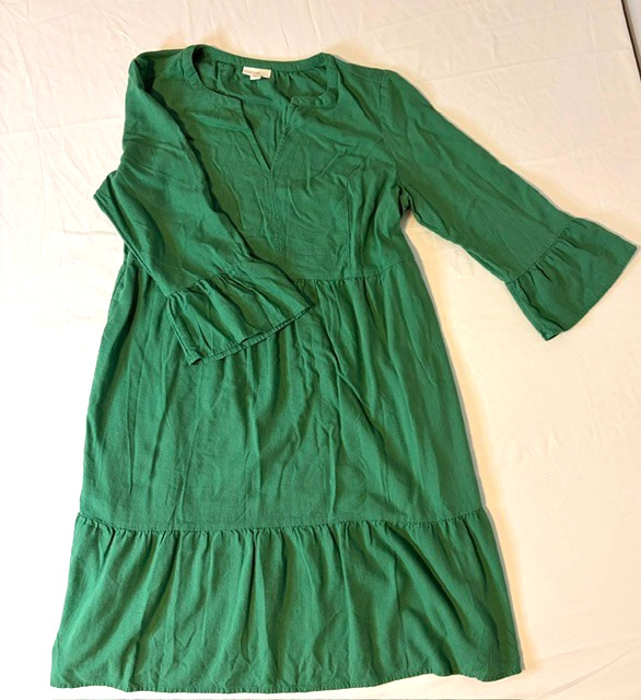 J. Jill Green Linen Blend Tiered Dress Size Medium Tall Boho Split Neck #0010