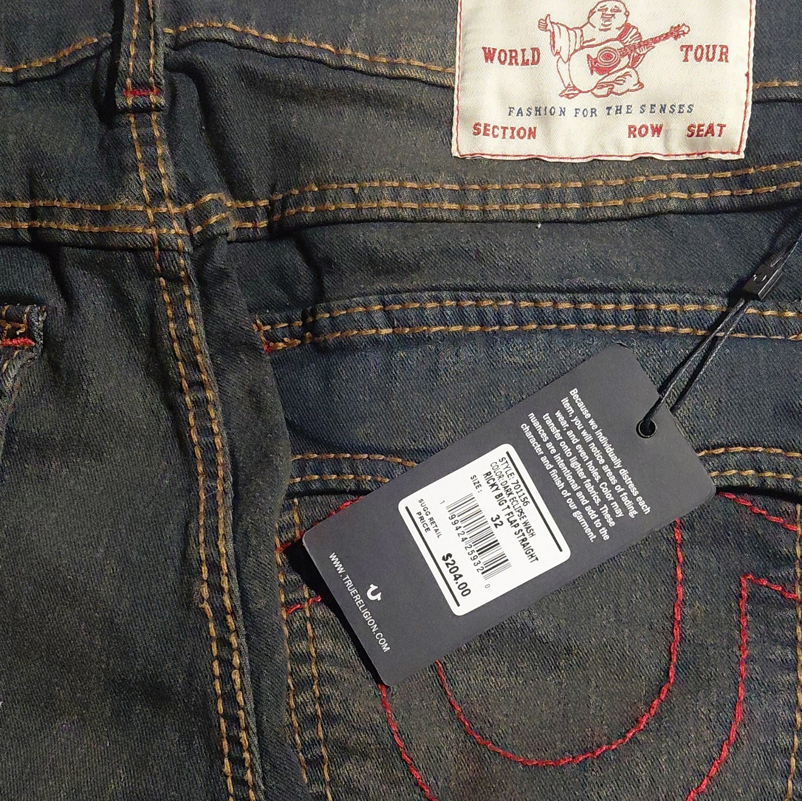 True Religion Men’s World Tour Black Dark Wash Straight Fit Jeans NWT