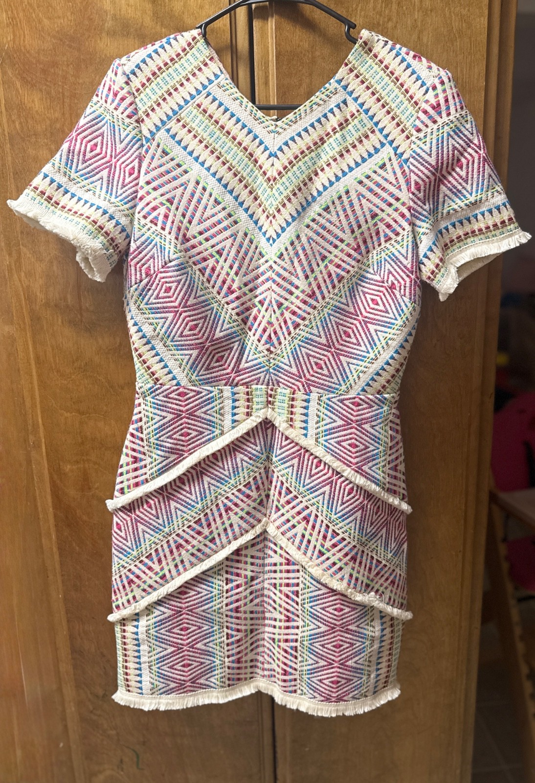 Adelyn Rae Dress Women M Jaylene Woven Jacquard Sheath Fringe Boho Cut Out NWT
