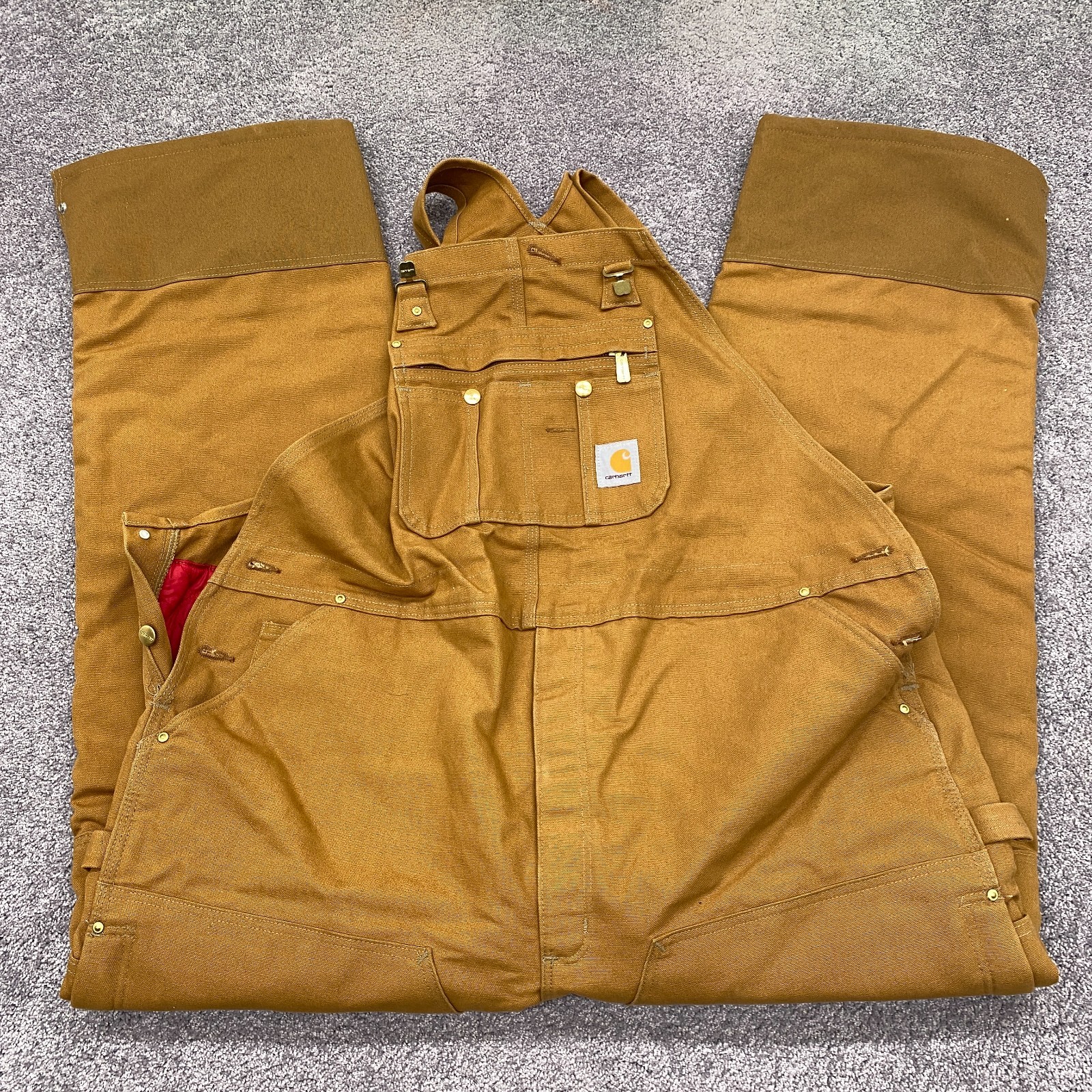 Carhartt Bib Overalls 48X32 Brown Canvas Quilt Lined Duck Zip-to-Thigh R41 BRN