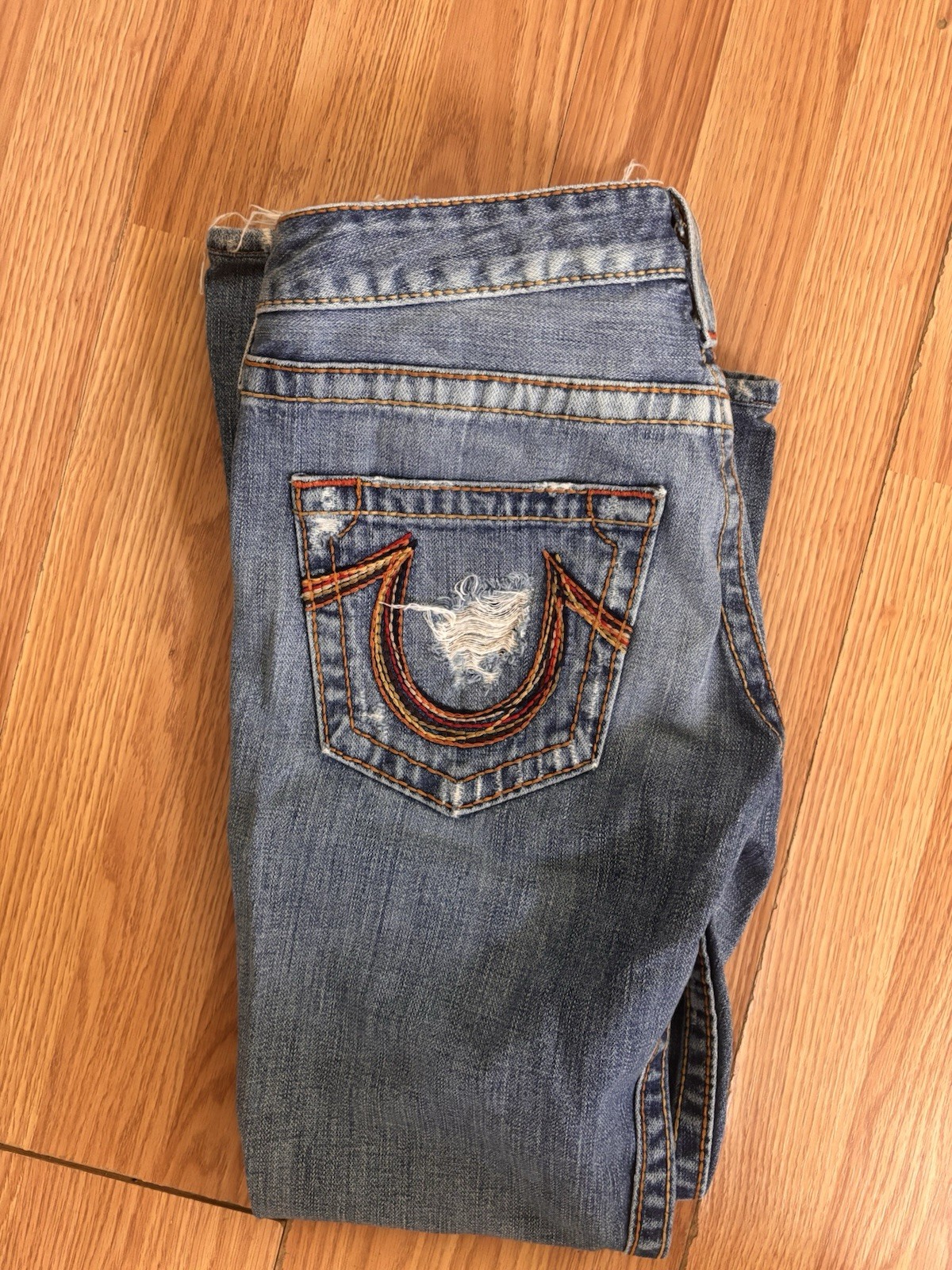 True Religion Blue Distressed Denim Straight Jeans Made in USA 5-Pocket