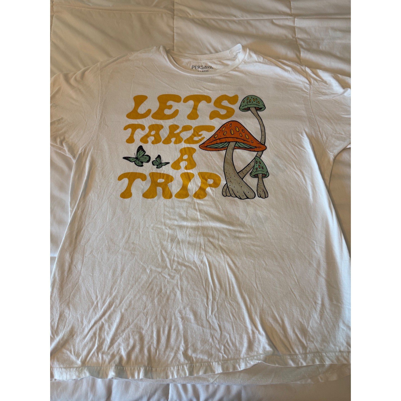 Persaya Lets Take A Trip Mushroom Butterfly Graphic Tee White XL Short Sleeve