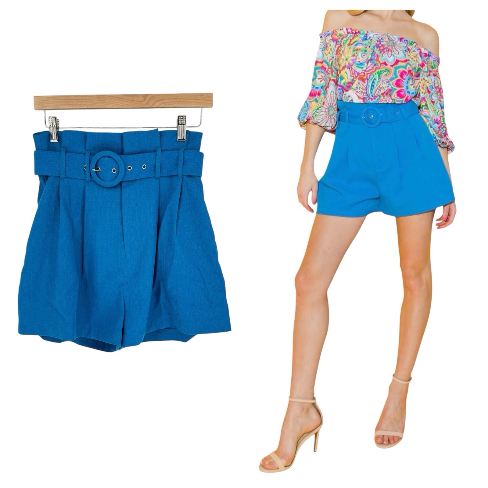 Flying Tomato Shorts High Rise Paper Bag Woven Blue Belted Pockets Varies Sizes