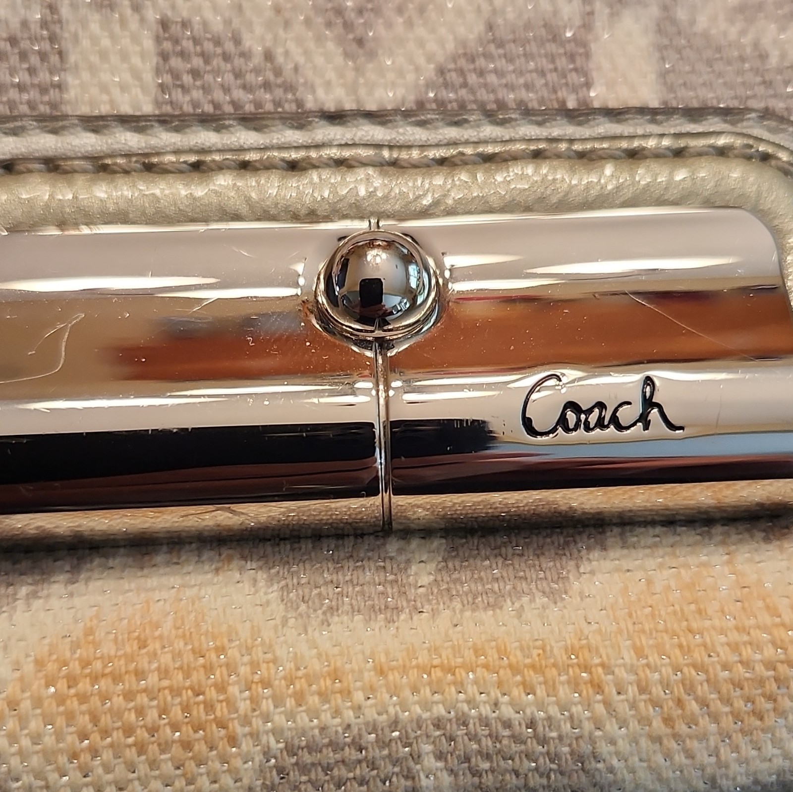 Coach Women’s Small Beige/Ivory Logo Wristlet Clutch Turn Lock, Lined Pockets