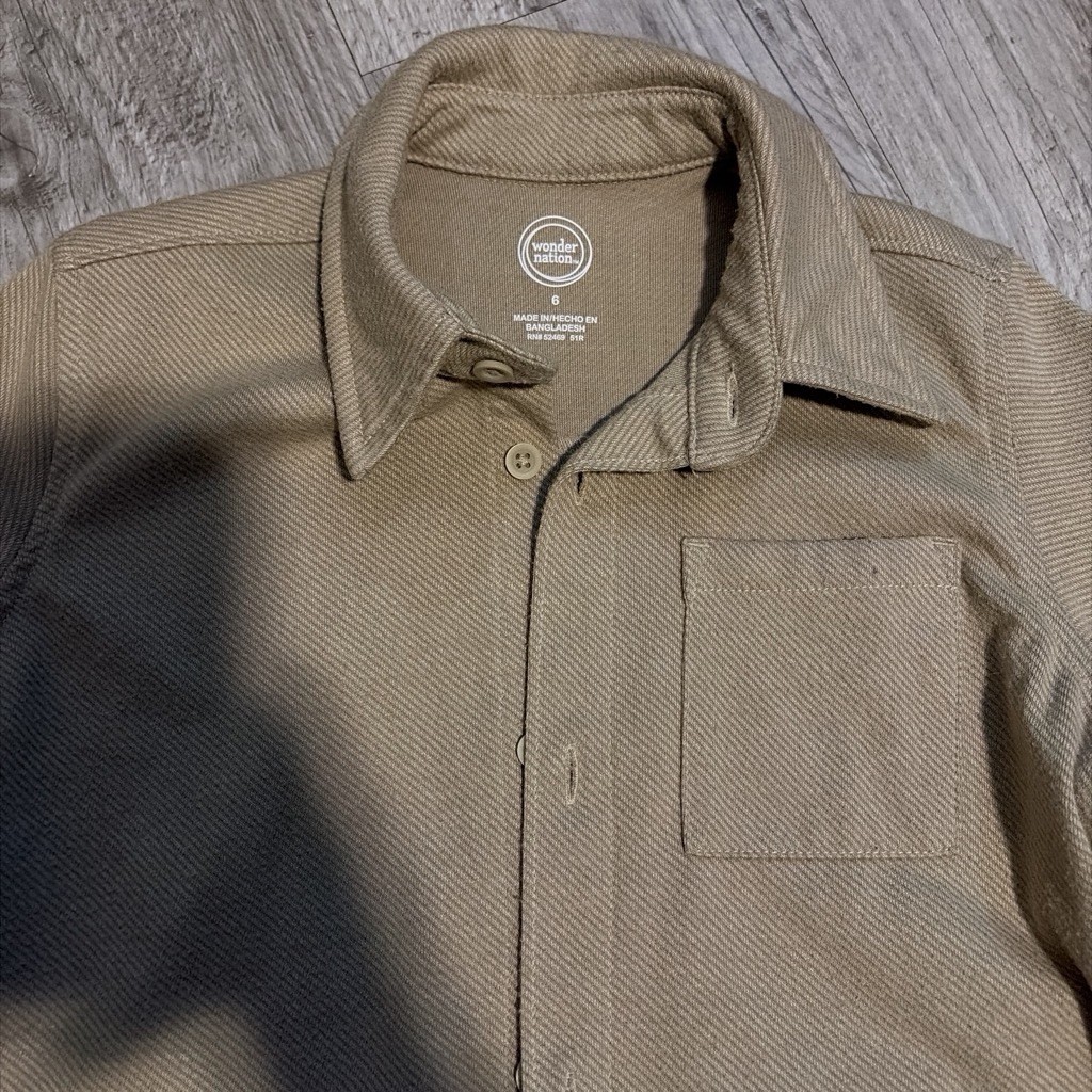 Wonder Nation Tan Cotton Twill Button-Up Shirt Point Collar Pocket Size 6