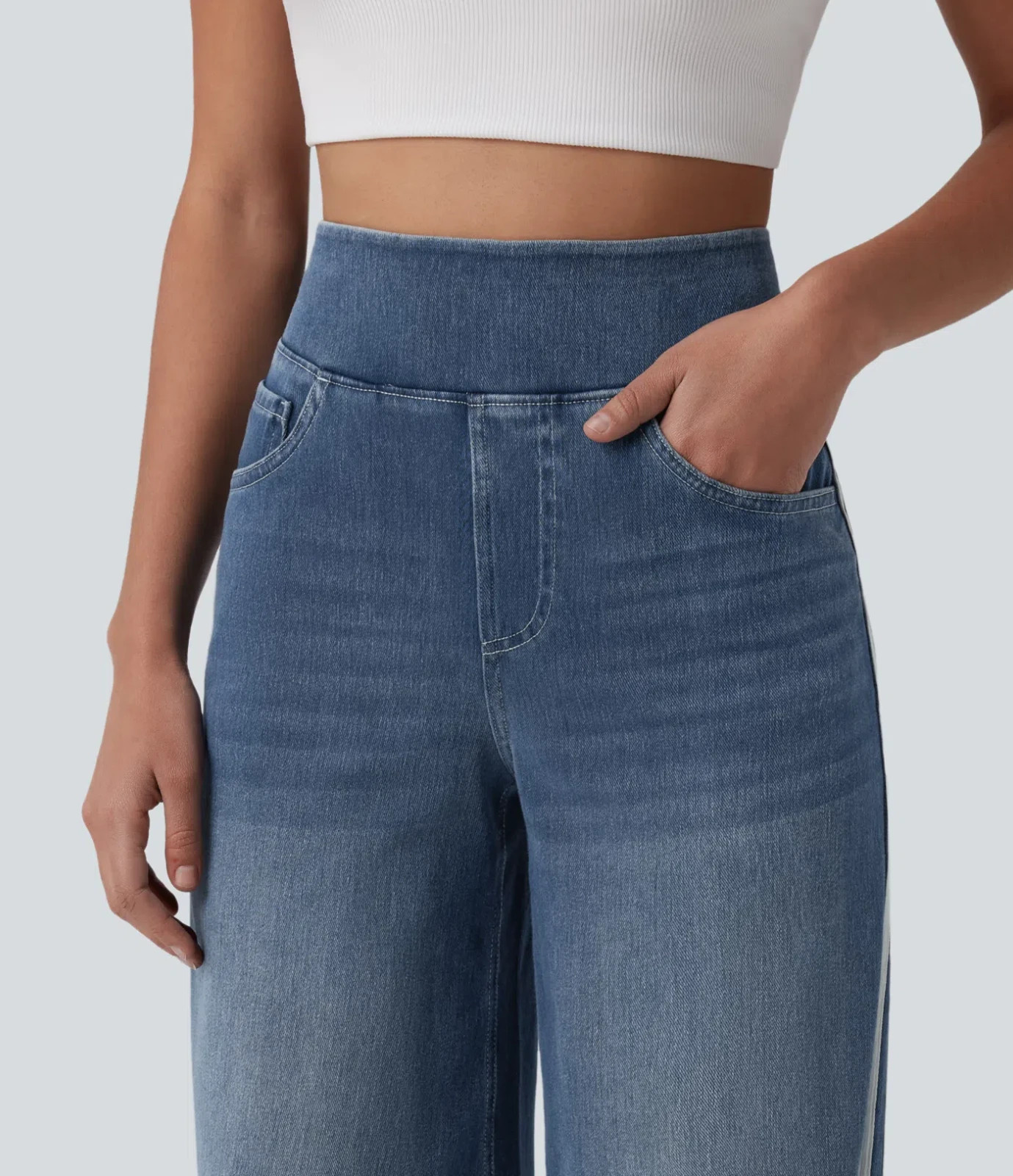 Halara Flex High Waisted Stripe Wide Leg Casual Jeans Tide Blue