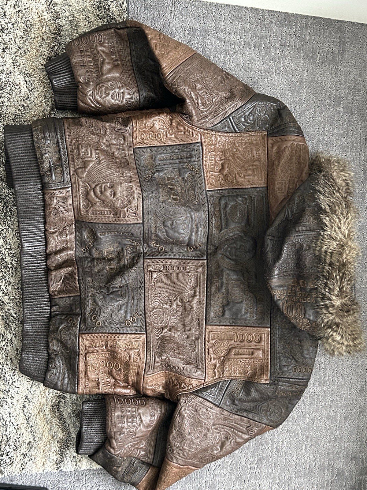 Tanners Avenue Men’s Patchwork Leather Bomber Jacket Hooded Full Zip XL Brown