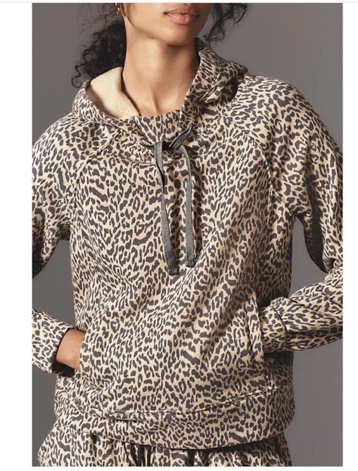 Anthropologie Daily Practice Hoodie Hooded Sweatshirt Leopard Print Brown XS NWT