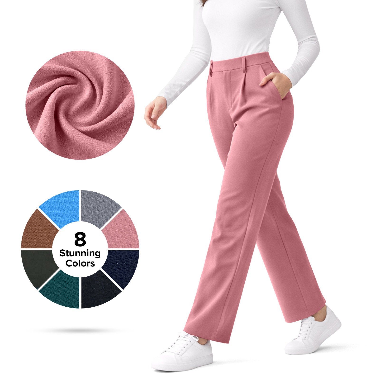 Women’s High Waist Stretch Work Pants Straight Leg Wrinkle Resistant Pockets