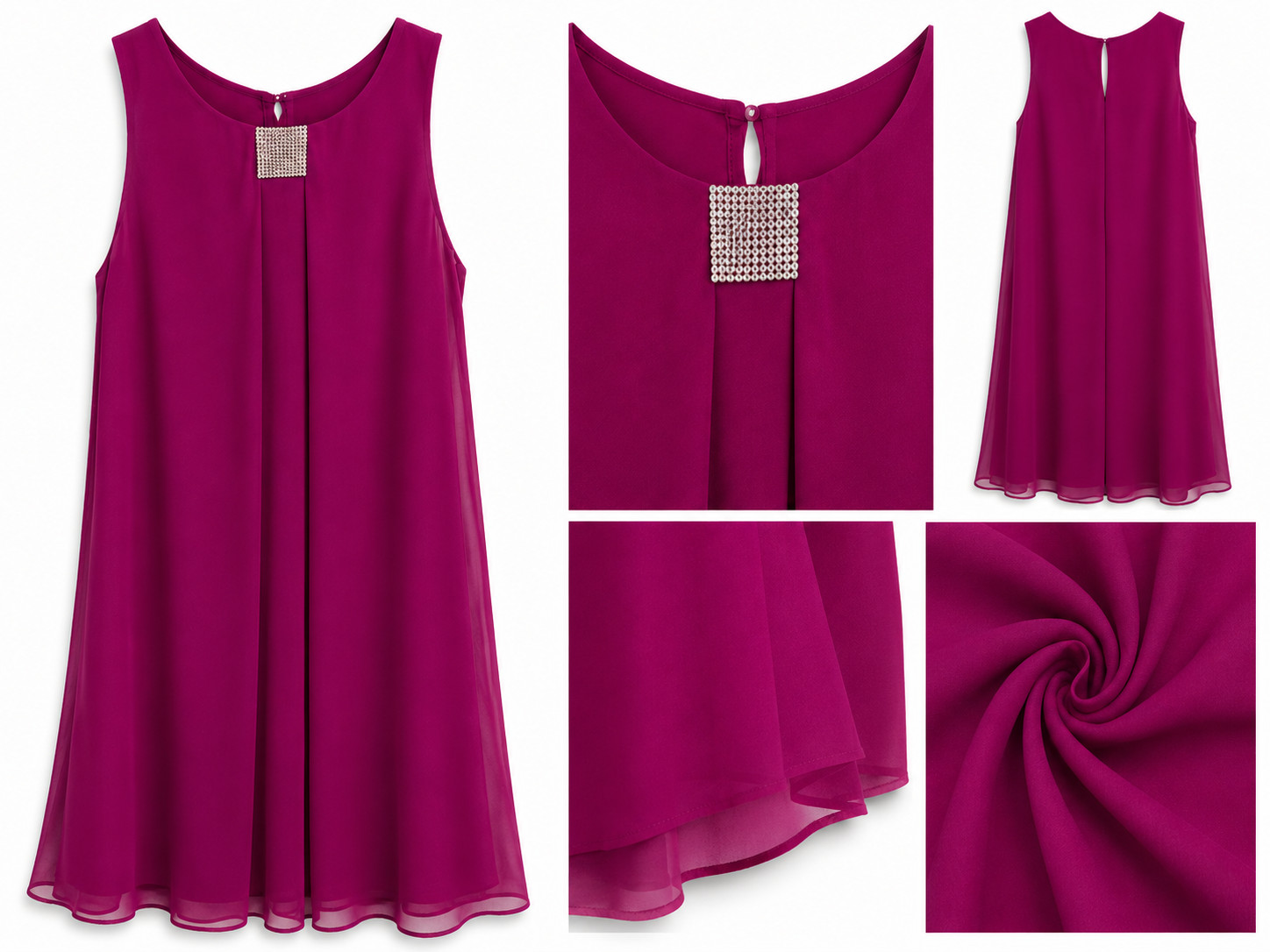 MSK Women’s Size 8 Magenta Chiffon Shift Dress Rhinestone Neck Cocktail Party