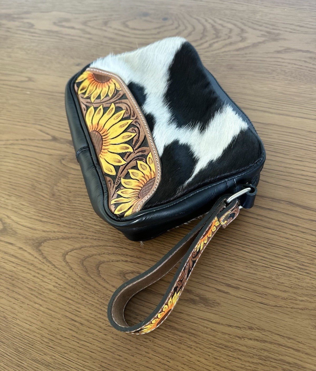 Cowhide Cow Print Zip Wristlet Pouch w/ Wrist Strap, Sunflower Tooled, Lined