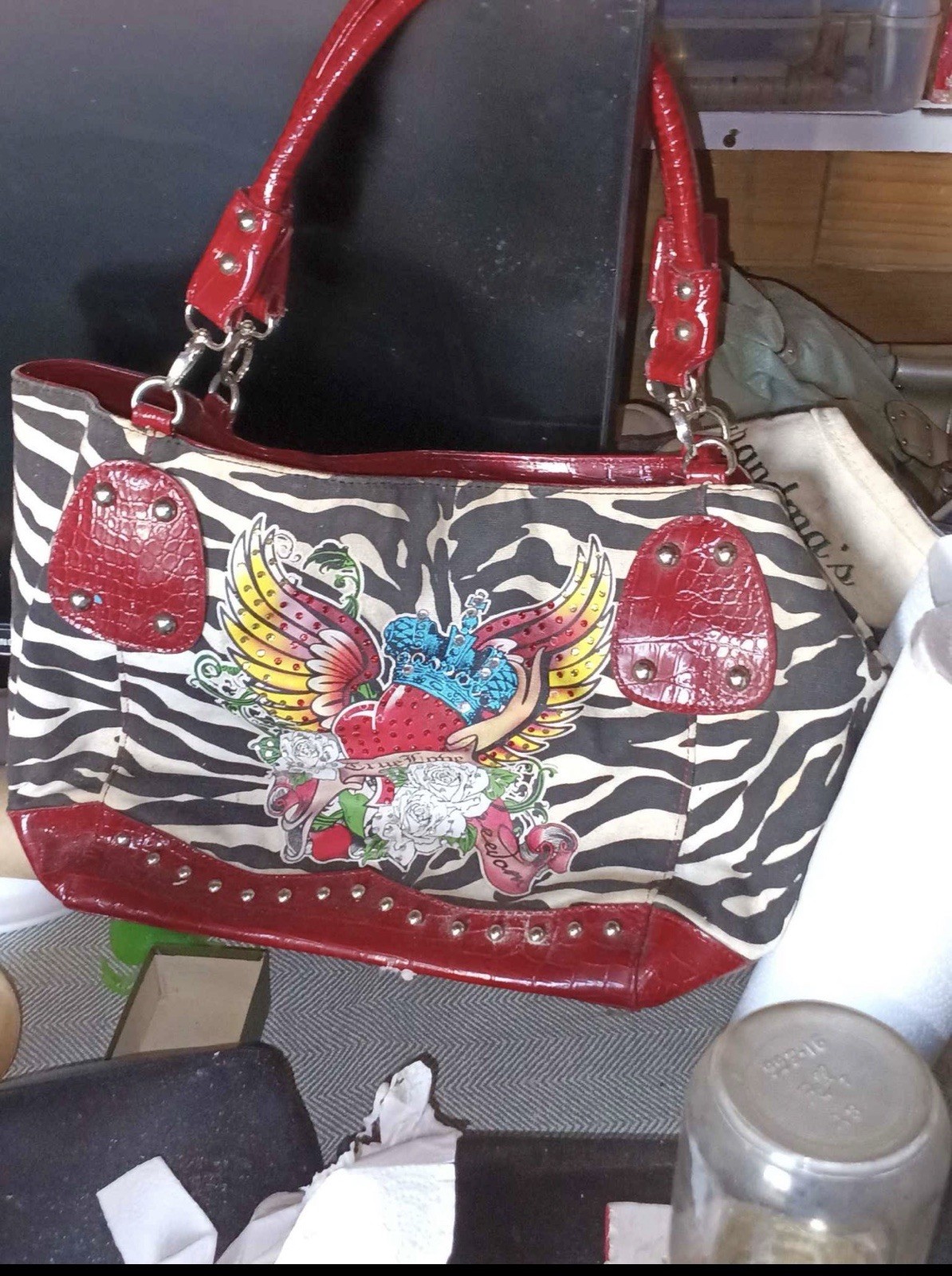 Ed hardy Zebra Animal Print Shoulder Bag Red Studded Trim Zip Double Handles