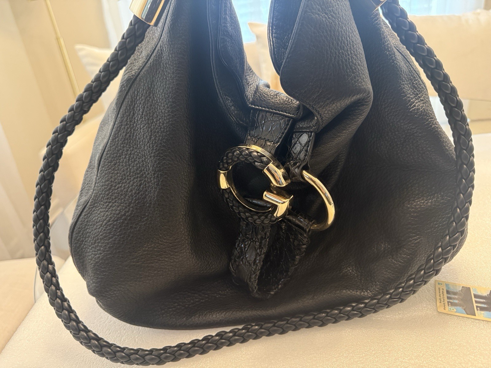 Gucci Black Pebbled Shoulder Bag Braided Strap Buckle Padlock Gold Hardware