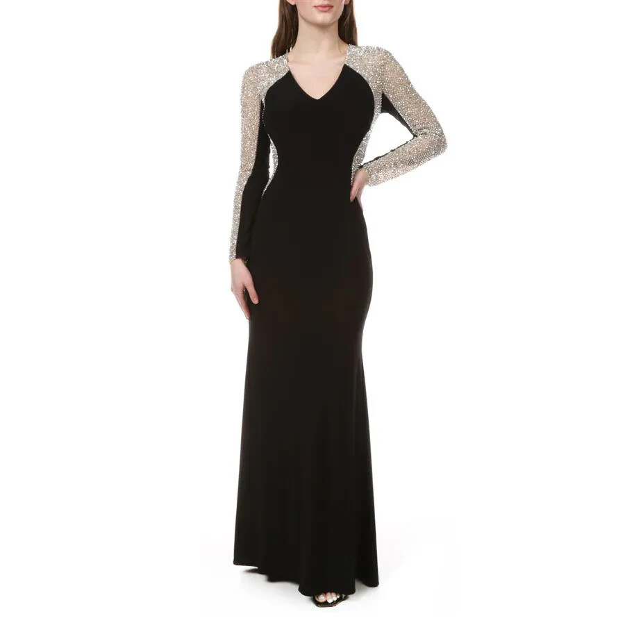 Xscape Black Nude Silver Crystal Beaded Gown Size 8P $278
