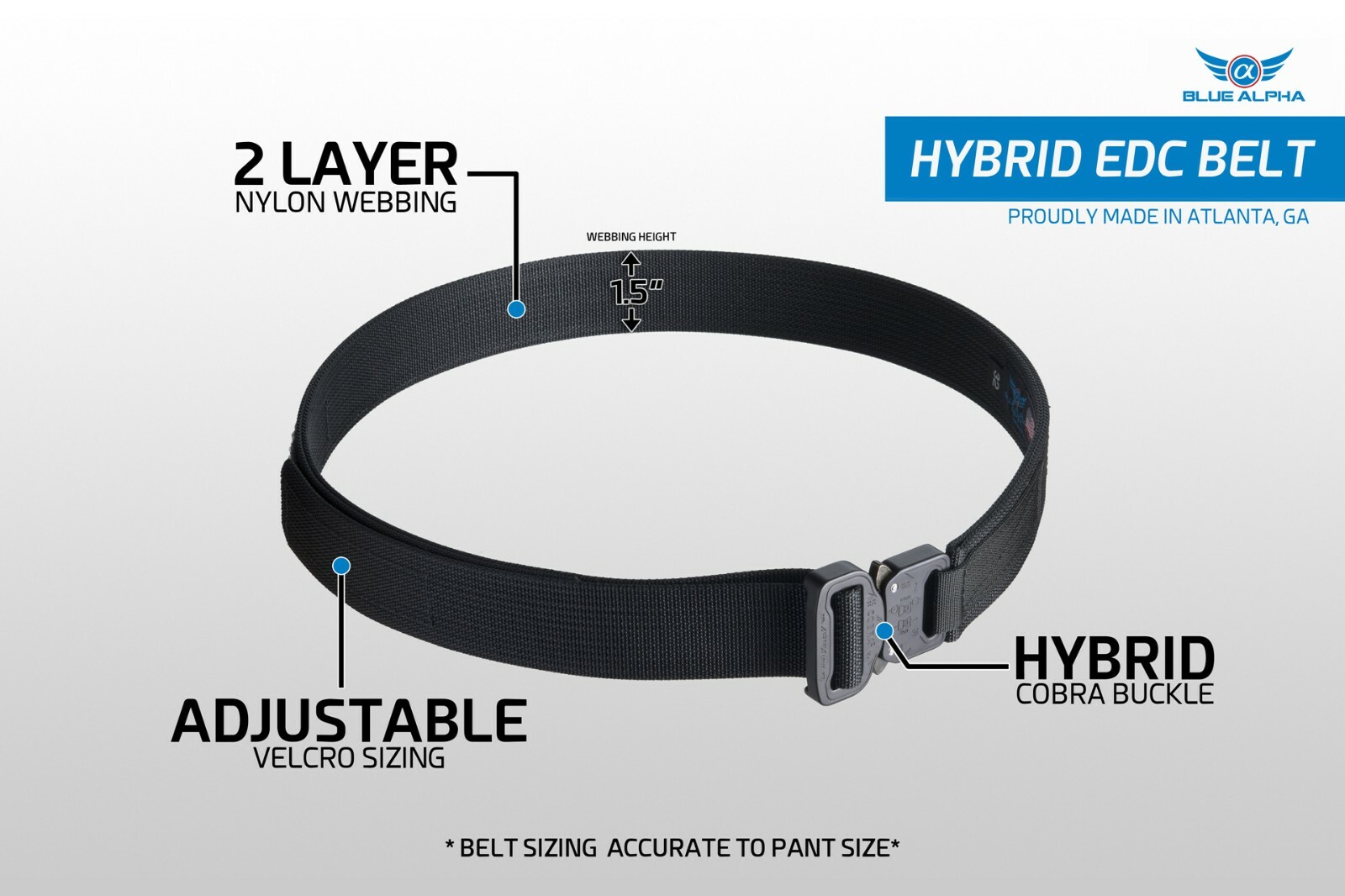 Blue Alpha 1.5″ Hybrid COBRA® EDC Belt – Black, Gray, Brown, OD Green **NEW**