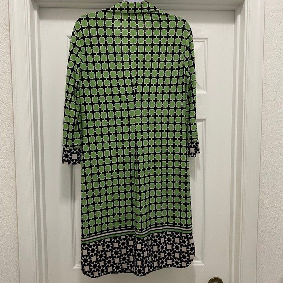 Donna Morgan Geometric Print Shift Dress Size 6 | Green & Navy Career Dress