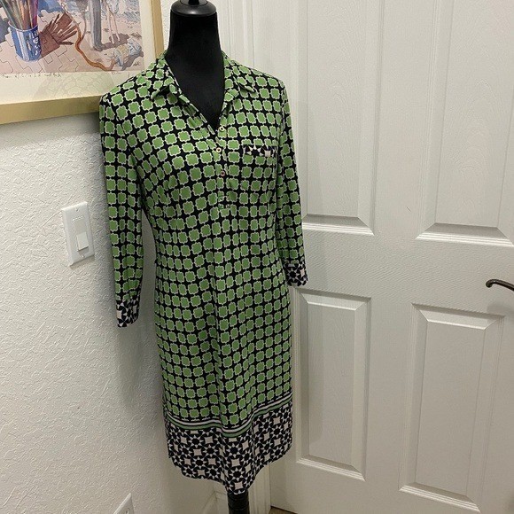 Donna Morgan Geometric Print Shift Dress Size 6 | Green & Navy Career Dress