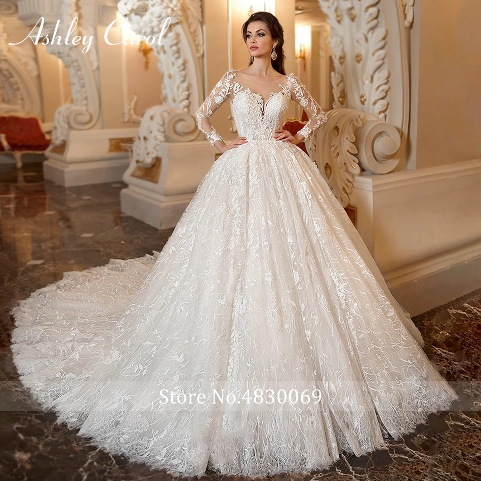 Ivory Lace Ball Gown Wedding Dresses Long Sheer Sleeves Bridal Gown With Train