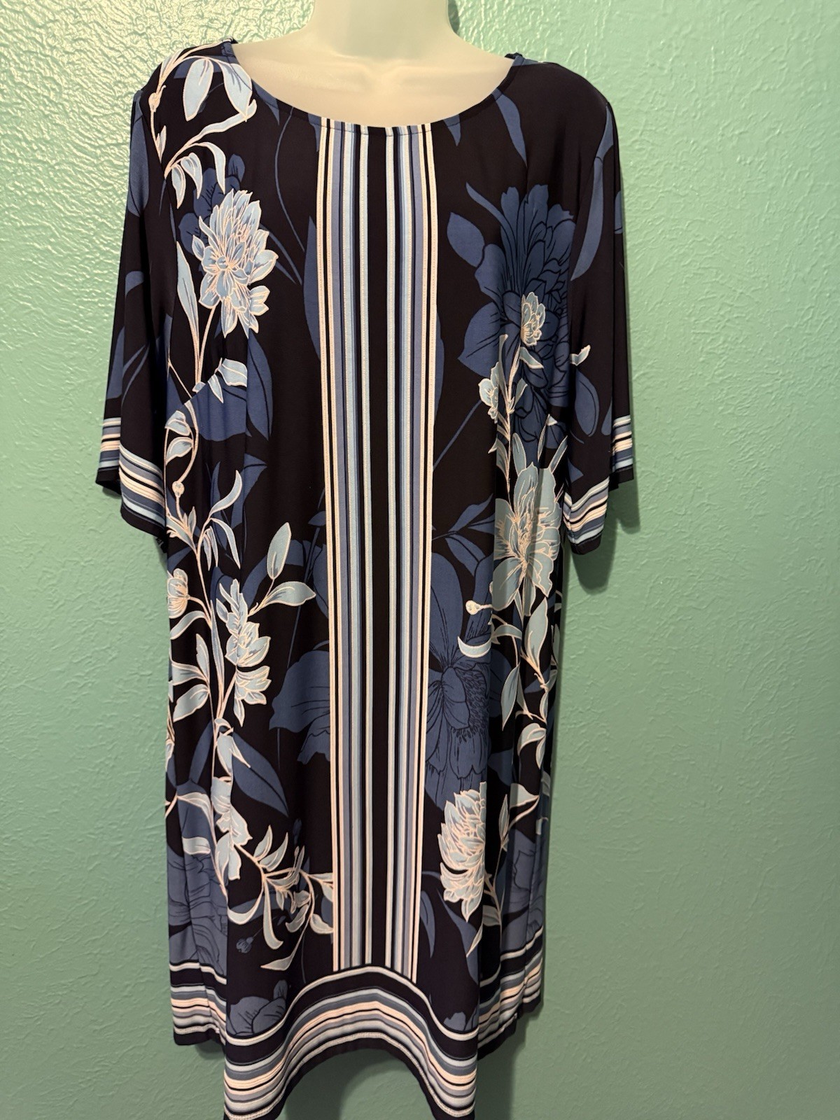 Sandra Darren Navy Blue White Floral Shift Dress Round Neck 3/4 Sleeve XL