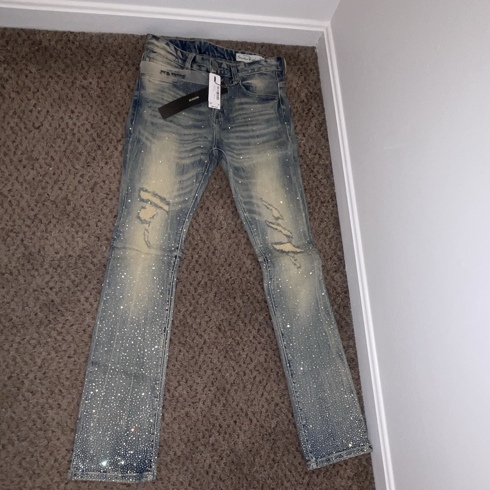 Smoke Rise Men’s Light Wash Blue Rhinestone Logo Stacked Flare Jeans