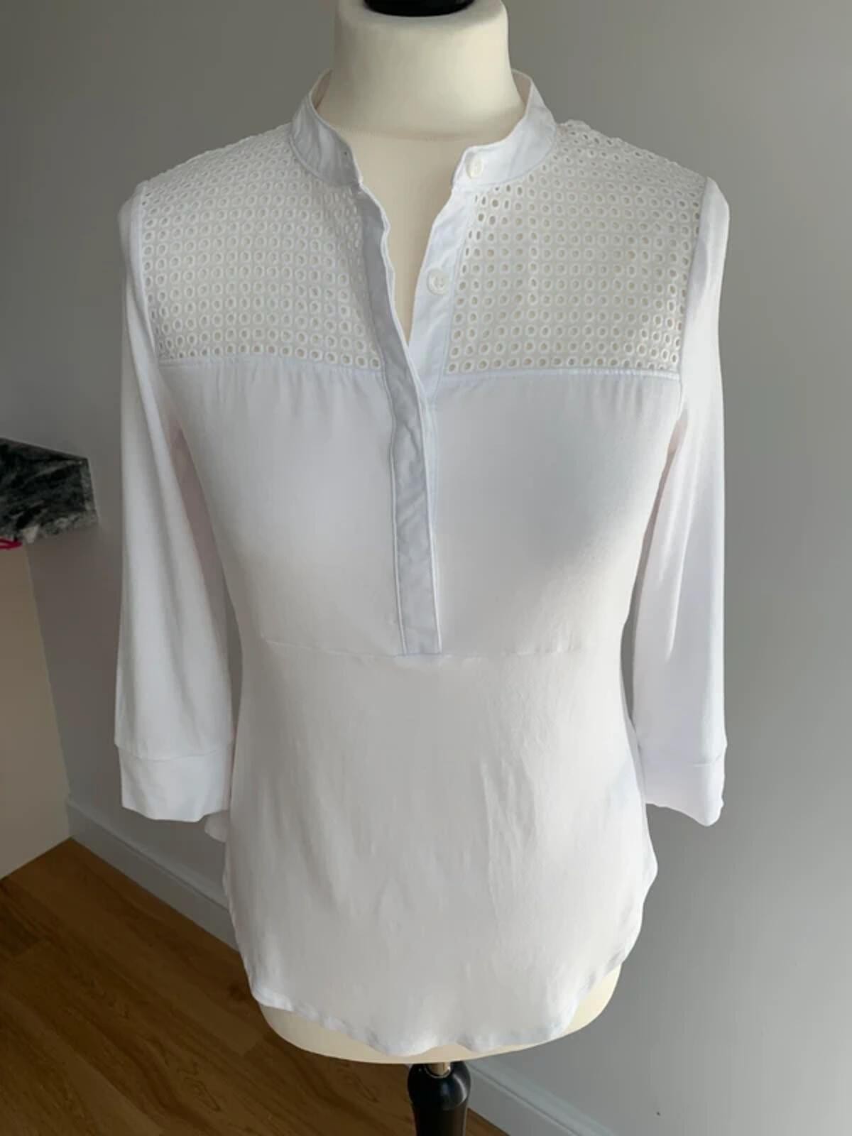 Karen Millen White Cotton Blouse 12 Broderie Lace Detail 3/4 Sleeve Shirt Top