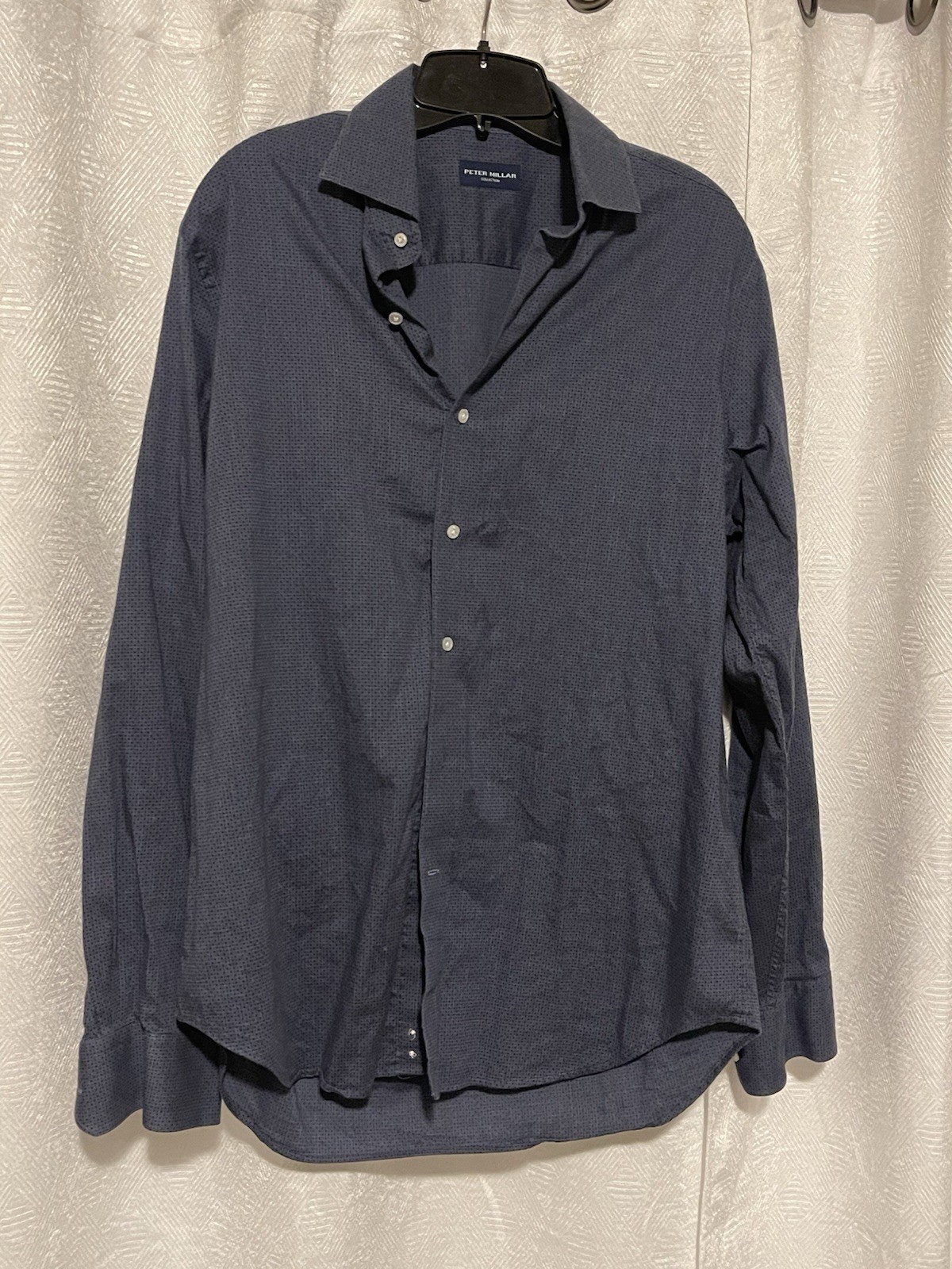 PETER MILLAR SATEEN BLUE GEO DRESS SHIRT COTTON DOUBLE BUTTON CUFF MEN LARGE