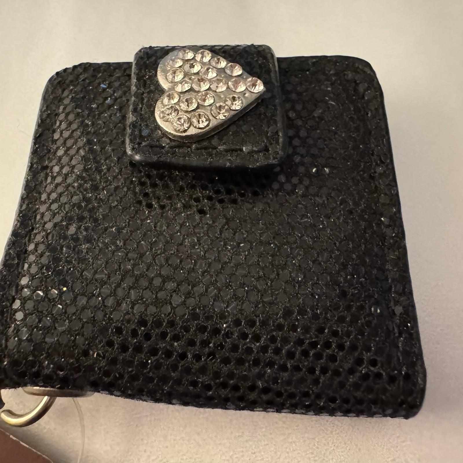 Black Photo Holder Keychain Silver Rhinestone Heart Snap Close New