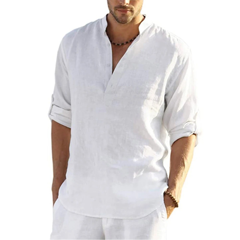 Men’s Cotton Linen Henley Long Sleeve Shirt Casual Beach T-shirt Tee Summer Gift