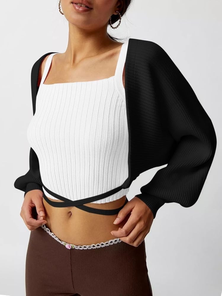Women’s Bolero Shrug Sweater Cropped Cardigan Knit Tie Up Open Front Long Sleeve