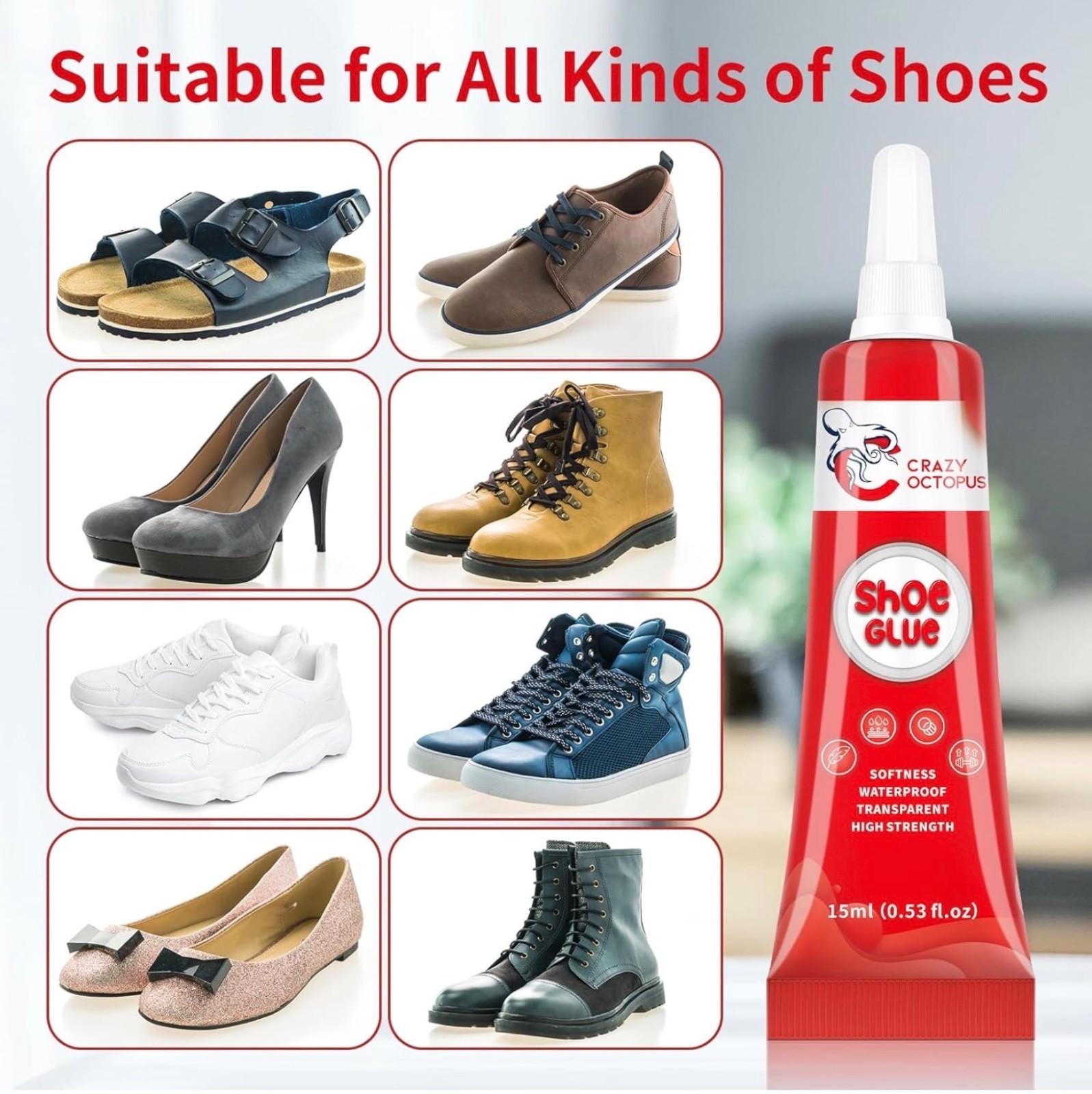 Shoe Glue, Strong Clear Shoe Repair Glue for Sneakers, Boots, Handbags, Soles, H