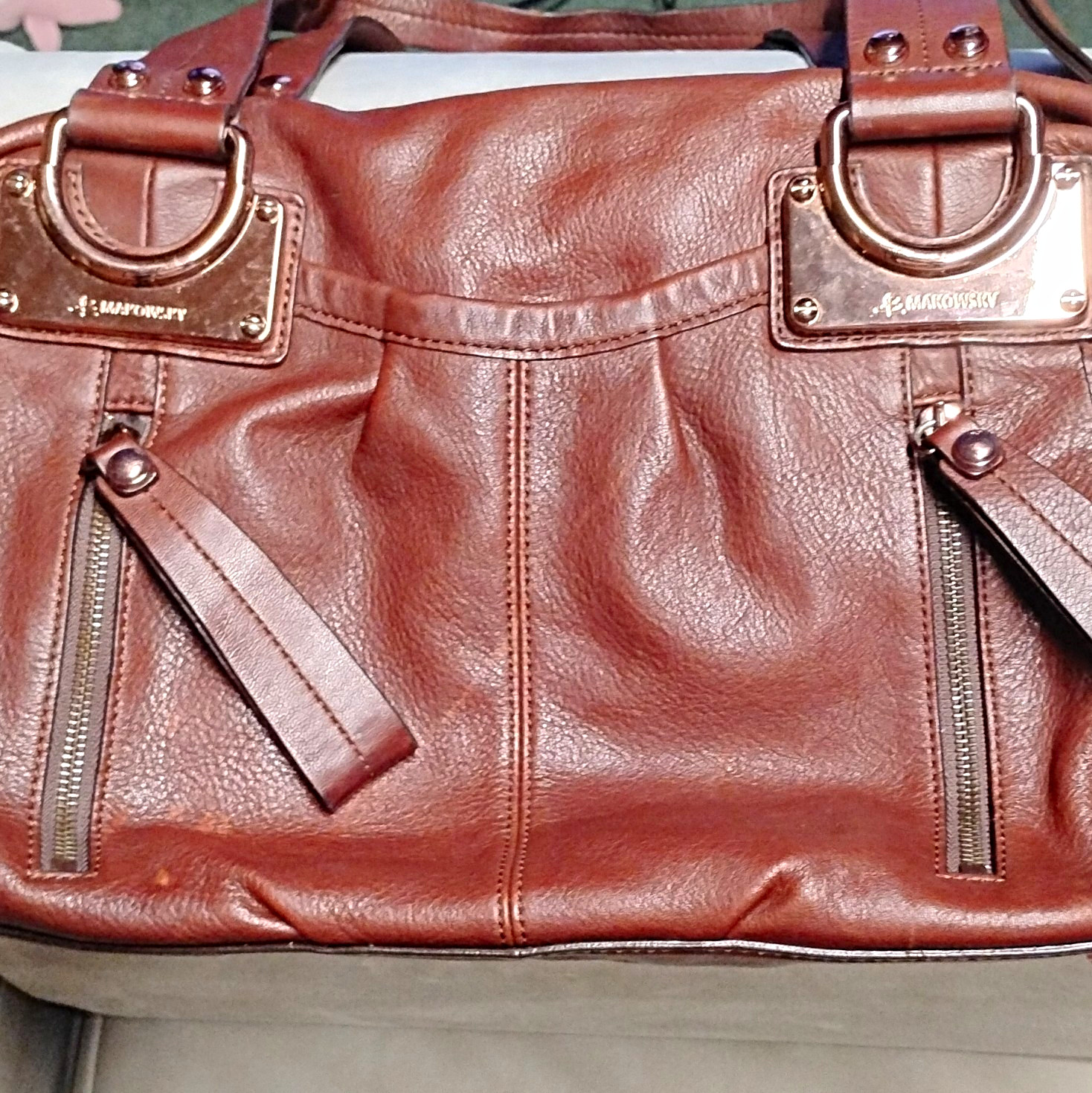 B. Makowsky Large Brown Pebbled Satchel, Leopard Lined, Zip, Detach Strap