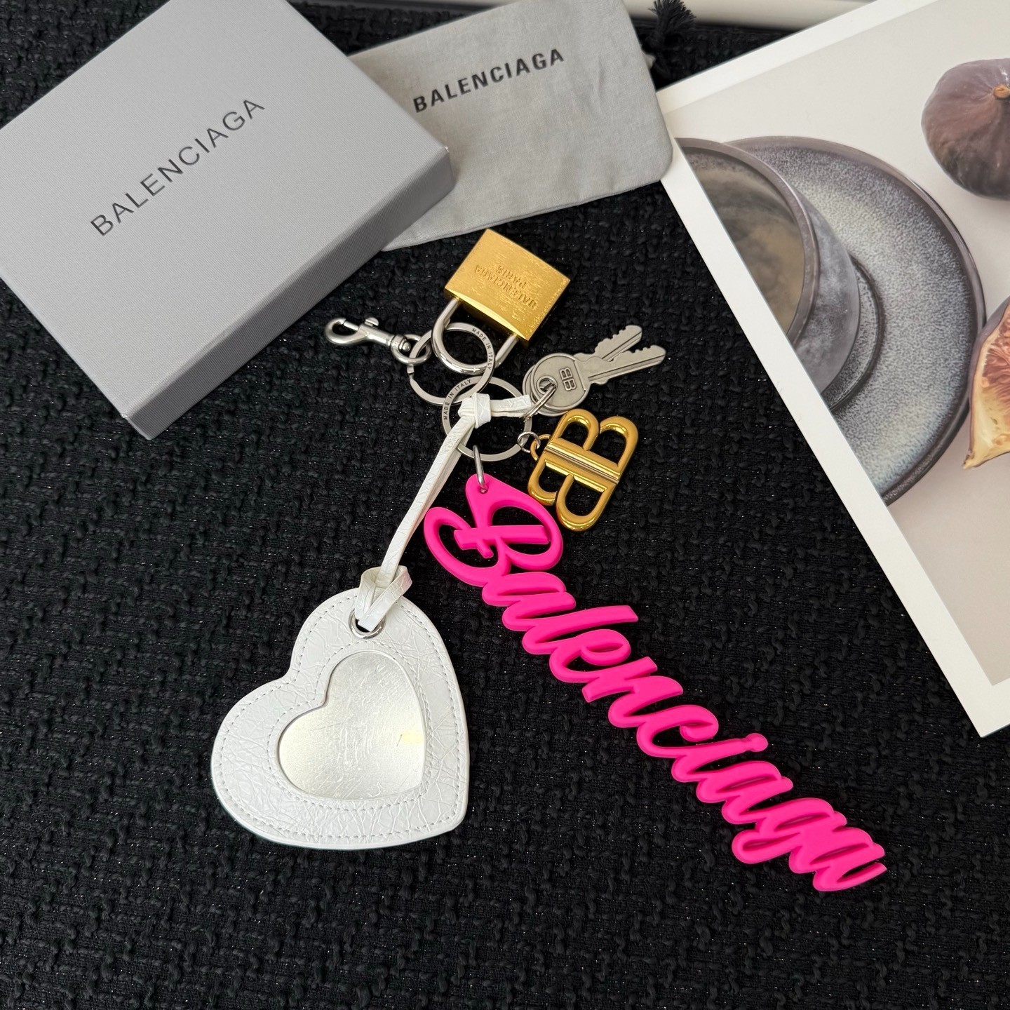 Balenciaga Multi Badge Keychain White Heart Hot Pink Script Logo Bag Charm