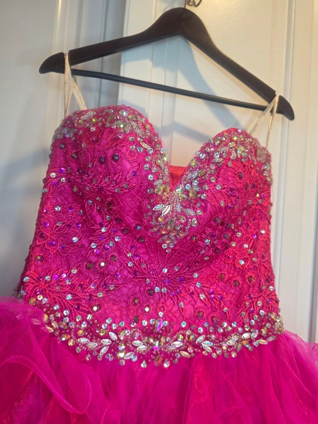 Hot Pink Beaded Ruffle Ball Gown Pageant Dress Size 4 Lace Up Corset Formal