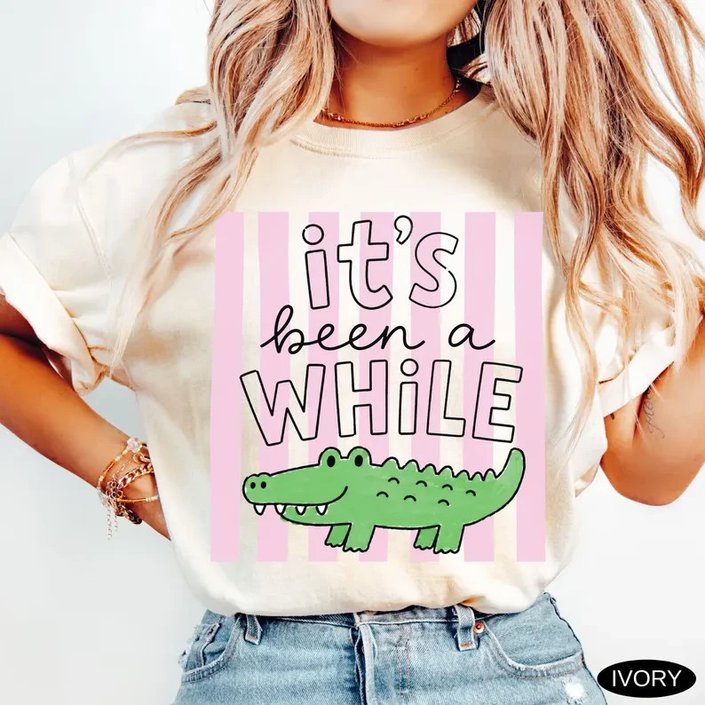 Funny Alligator T-Shirt Cute Retro Pink Stripe Crocodile Graphic Gildan Tee