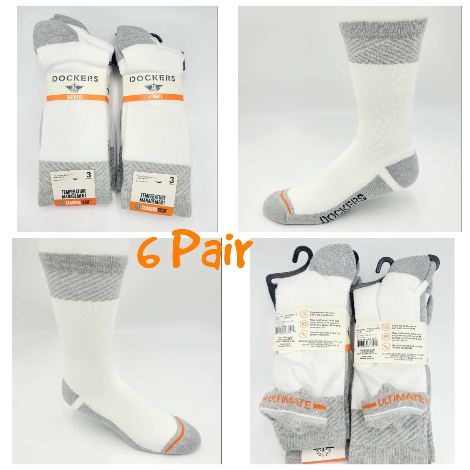 DOCKERS Ultimate Mens 6 Pairs Temperature Management White Crew Socks Size 6-12