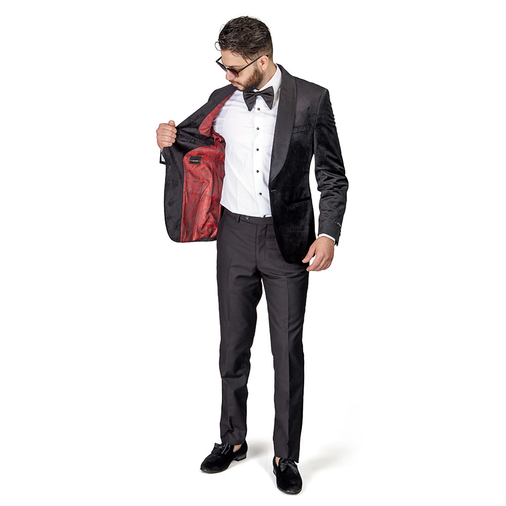 Black Shawl Lapel VELVET Jacket Slim Fit Tuxedo Black Pants 1Button BY AZAR MAN