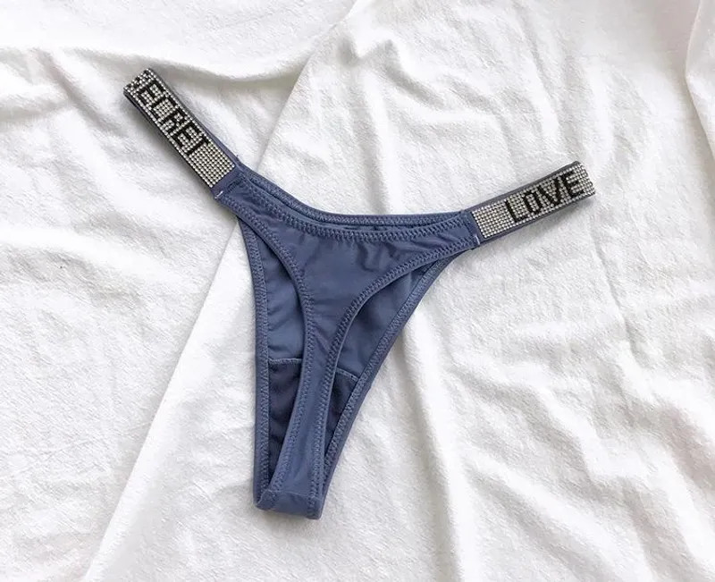 Low Waist Sexy Women Thongs Panties Rhinestones Letter Diamonds G String Sports