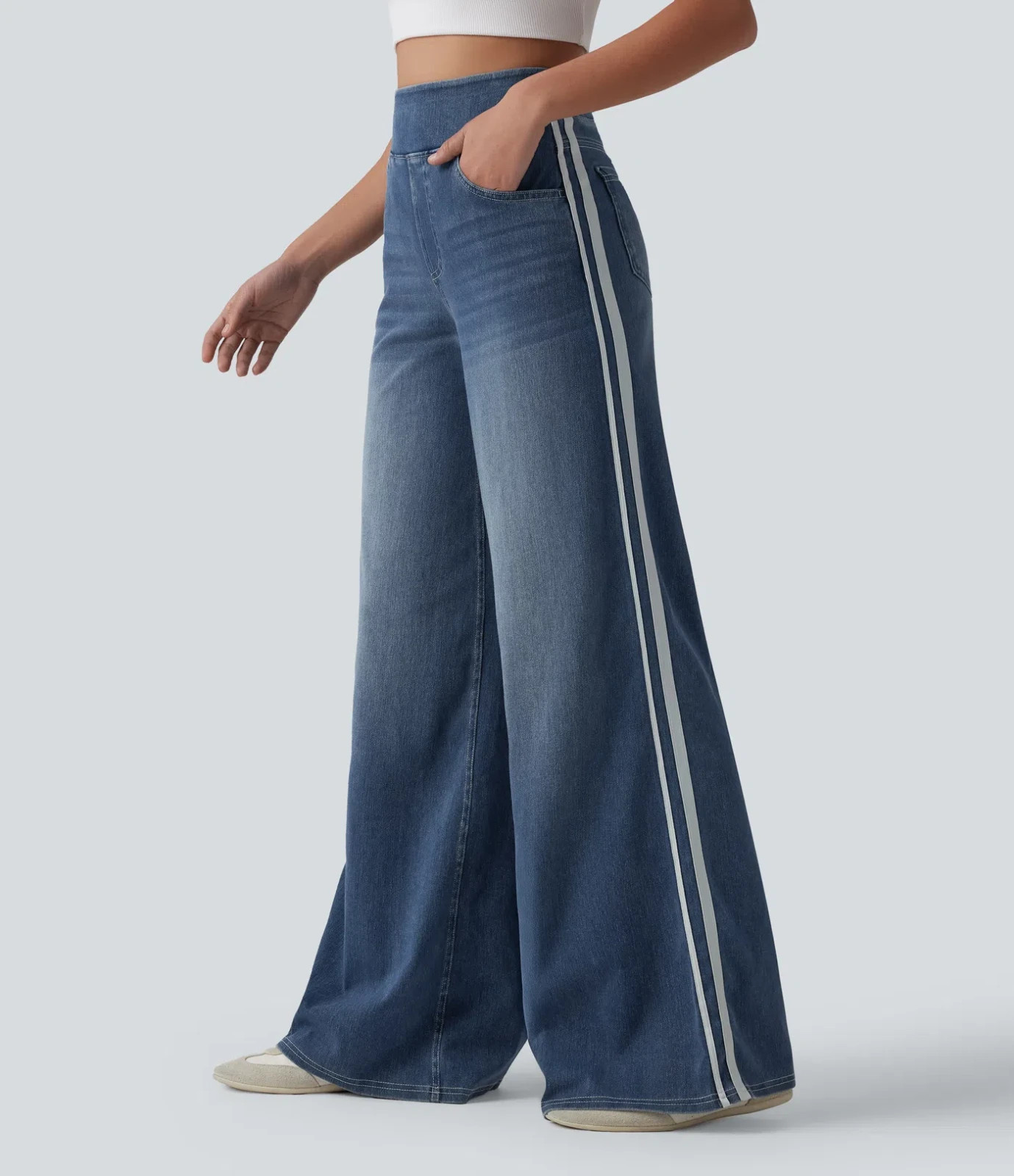 Halara Flex High Waisted Stripe Wide Leg Casual Jeans Tide Blue