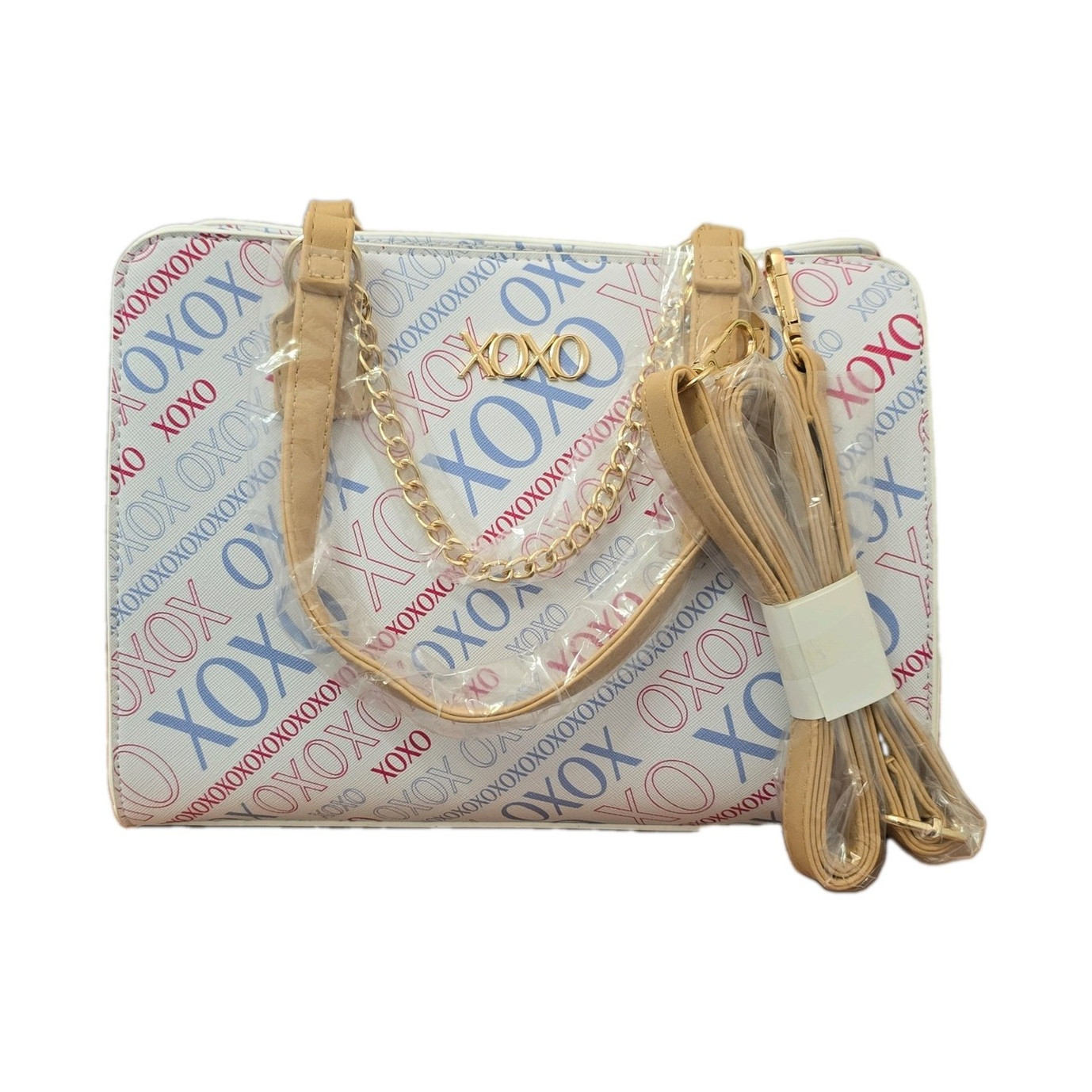 XOXO White Multicolor Logo Print Zip Satchel Top Handle Detachable Strap Gold