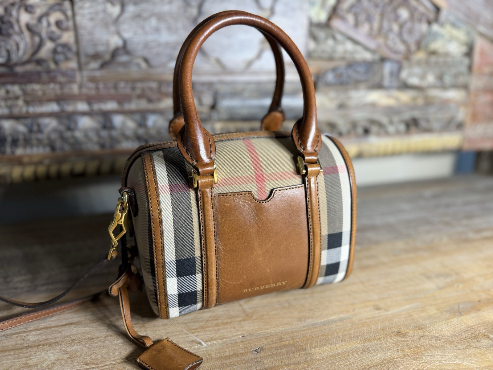 Burberry Plaid Check Small Satchel Top Handle Bag Zip w/ Detachable Strap