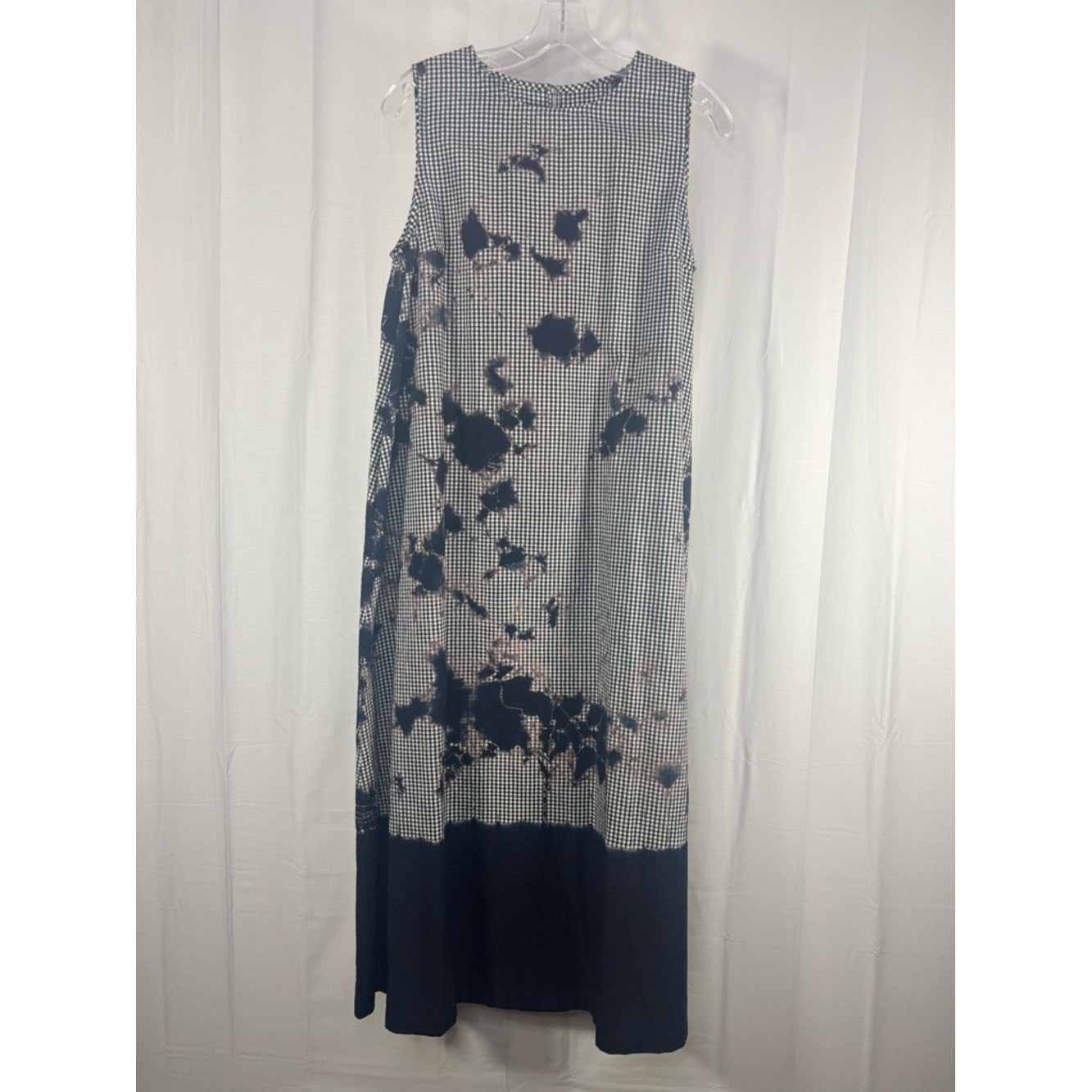 NWT SUZUSAN Black & White Gingham Hand Dyed w blue Maxi Dress size S