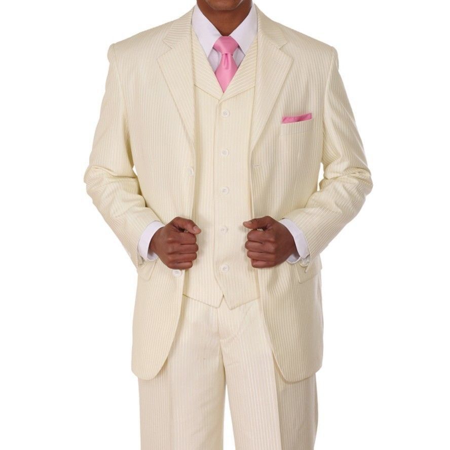 Men’s Three Button Pin-Striped Fashion Suit w/ Matching Vest 5802V5 Cream