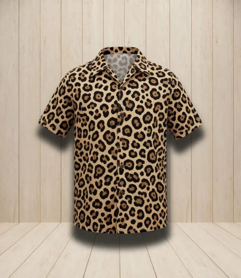 Leopard Hawaiian Shirt Mens Button Down Beach Summer Vacation