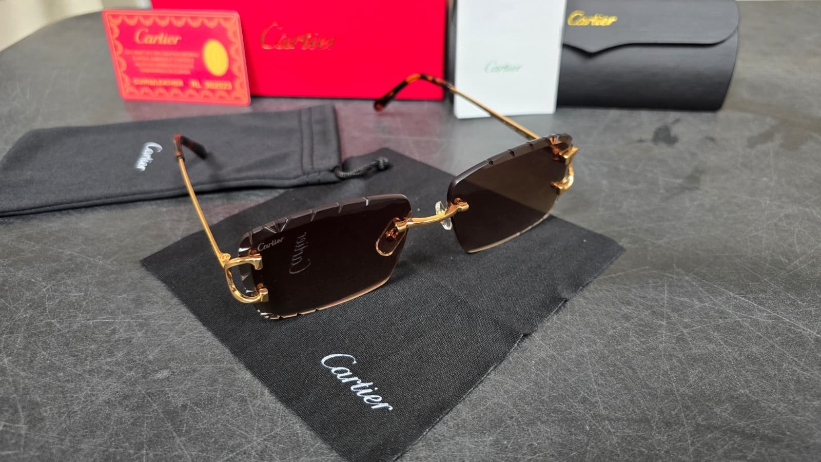 Cartier C Wire Diamond cut Gradient Brown Men’s Sunglasses Golden frame