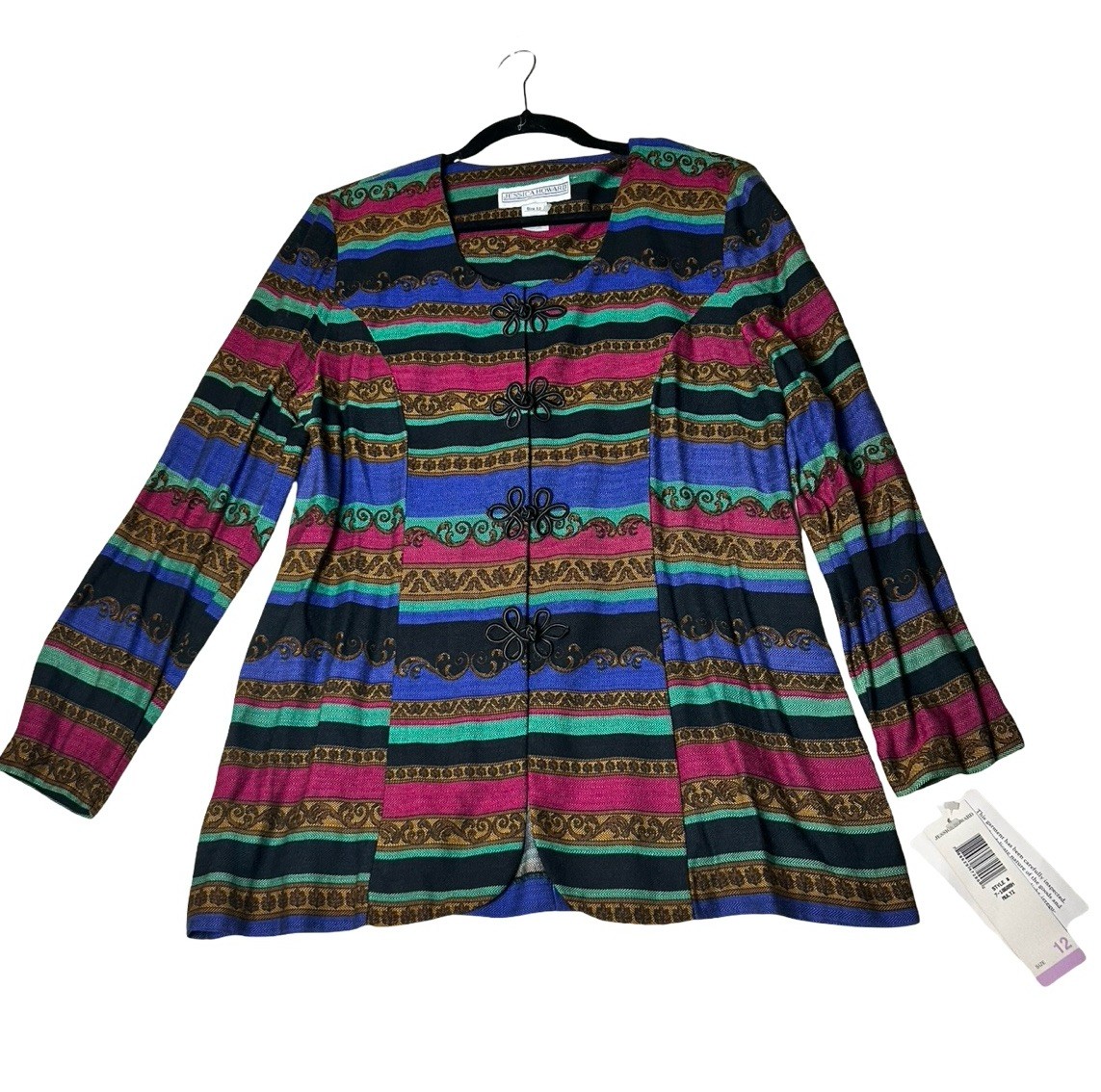 NWT Jessica Howard Frog Closure Jacket Sz 12 Boho Multi Print Long Sleeve Fitted