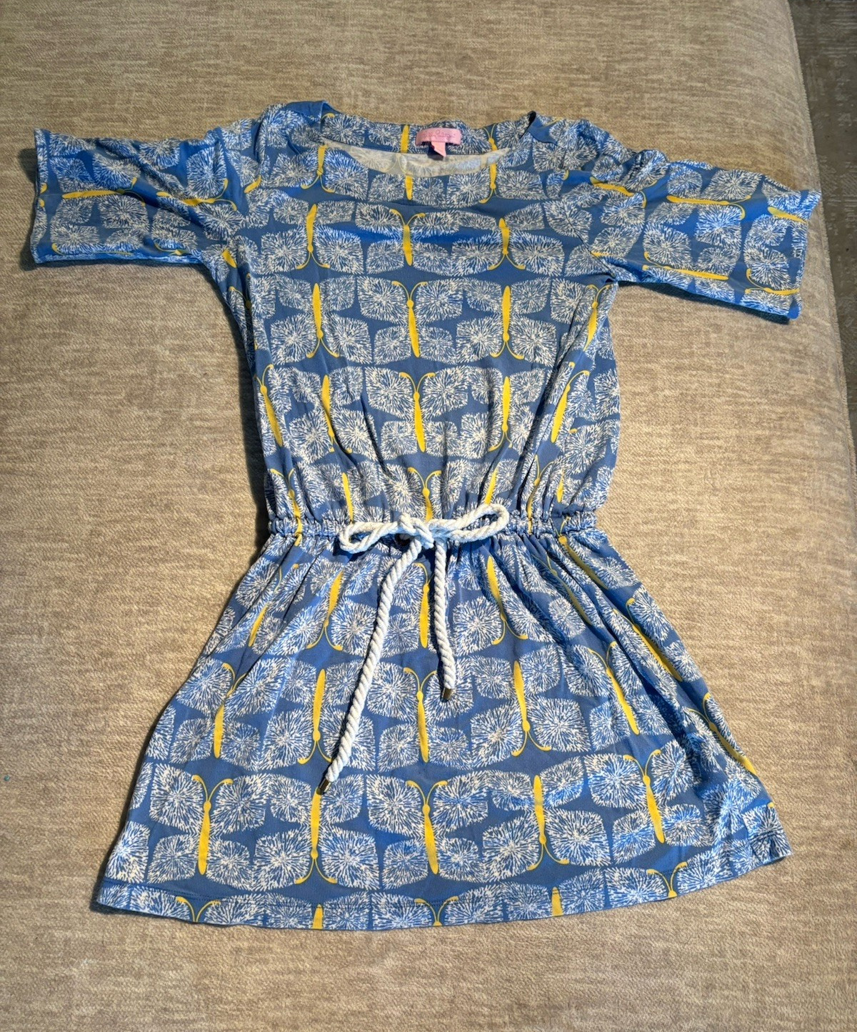 Lilly Pulitzer Women’s Blue Yellow Floral Shift Dress S/S Round Neck Short S