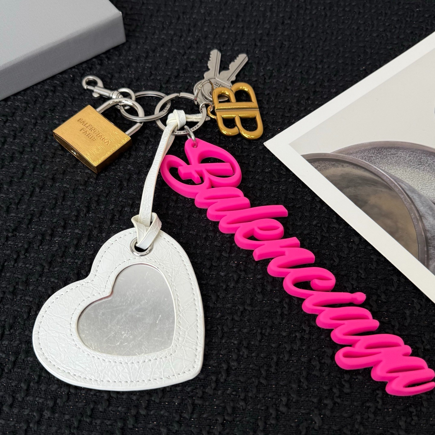 Balenciaga Multi Badge Keychain White Heart Hot Pink Script Logo Bag Charm